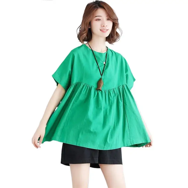 

2023 Women Summer Casual Loose Shirt Thin Cotton and Linen Solid Sweet Girl Ruffles Short Batwing Sleeves Tops - Camisa Mujer