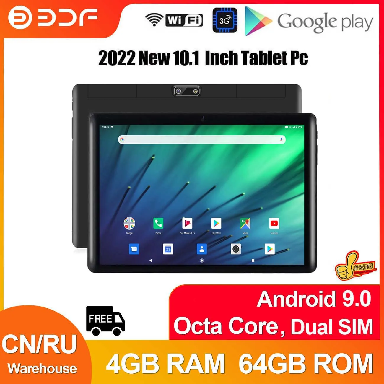 BDF New 10.1 Inch Tablets Android 9.0 Octa Core Phone Calls Google Play 4GB RAM 64GB ROM Tablet Pc WiFi Bluetooth GPS Type-C