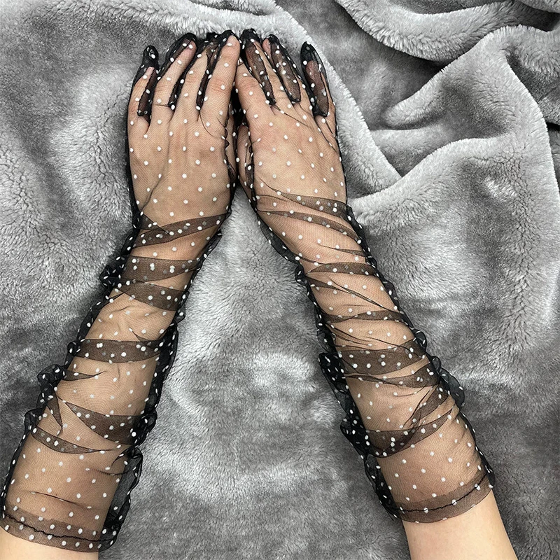 

Fashion Dot Lace Long Gloves Female Elegant Stretch Tulle Mesh Semi Sheer Women Full Finger Mittens Bride Wedding Black Golves