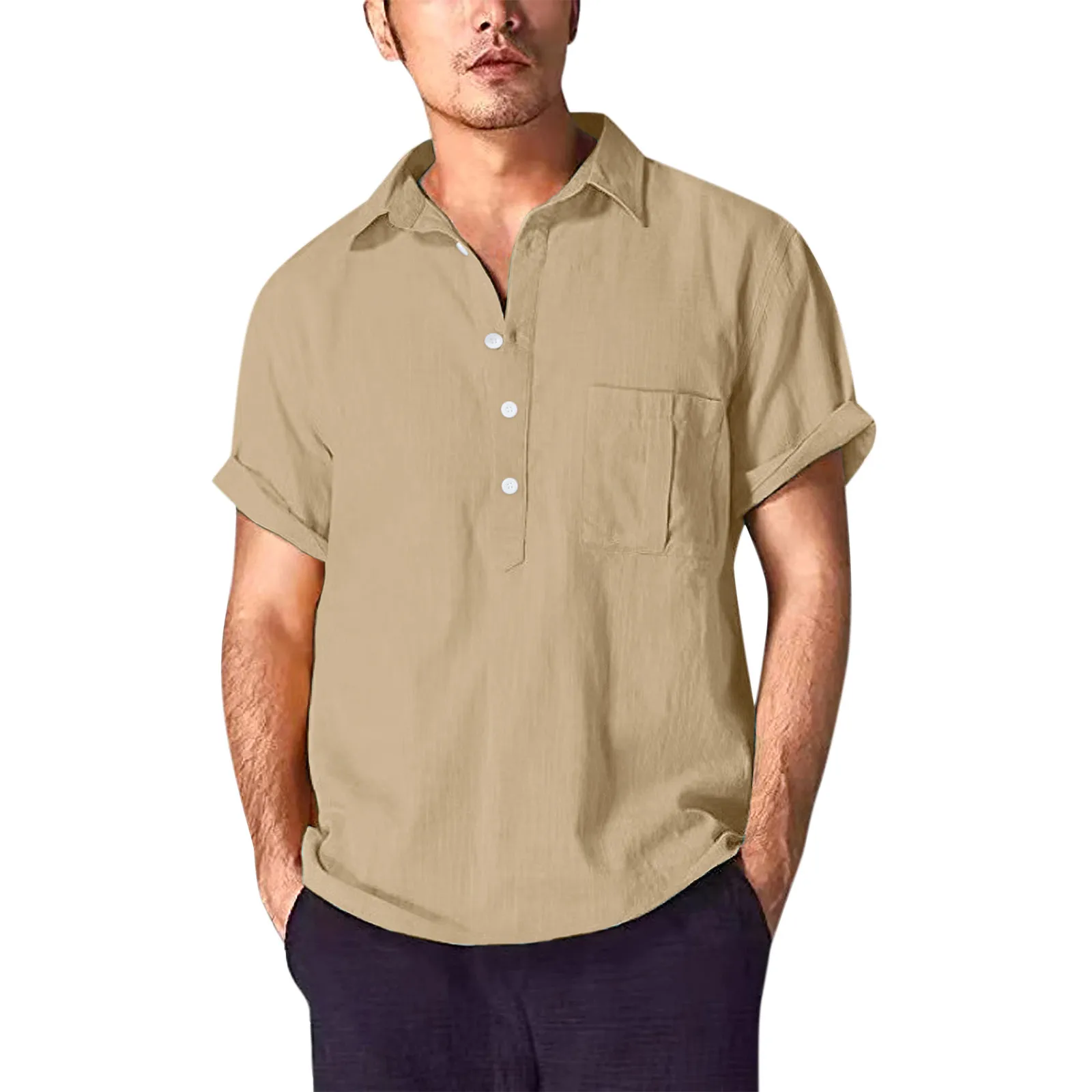 

Рубашка мужская свободного покроя, хлопок и лен, короткий рукав, однотонная Повседневная, отложной воротник, 4