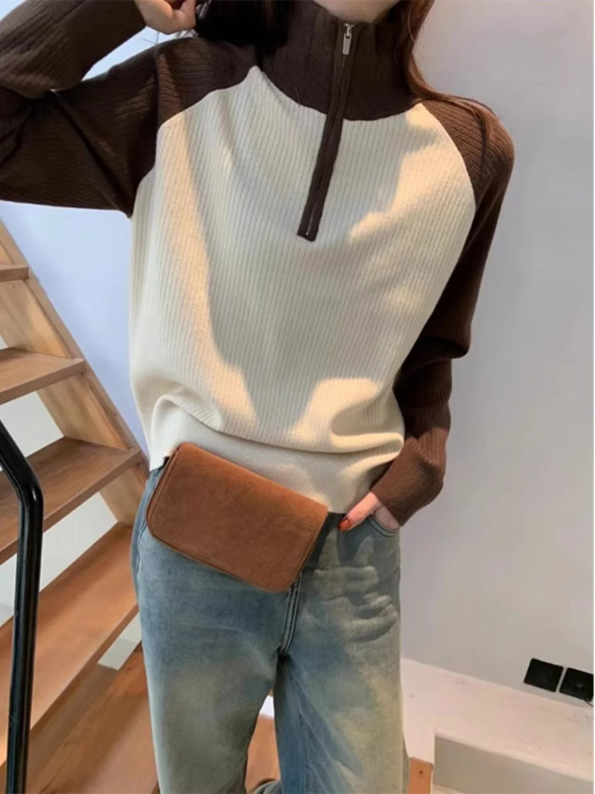 2024 Autumn and Winter Color Matching Turtleneck Half Zipper Knit Sweater Women's Commuter Versatile Slimming Bottoming Shirt...