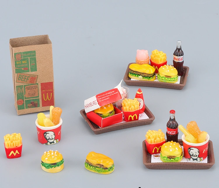 

Миниатюрная еда, мини-гамбургеры, картофель фри, модель ведра для напитков всей семьи, имитация детских игрушек, украшения