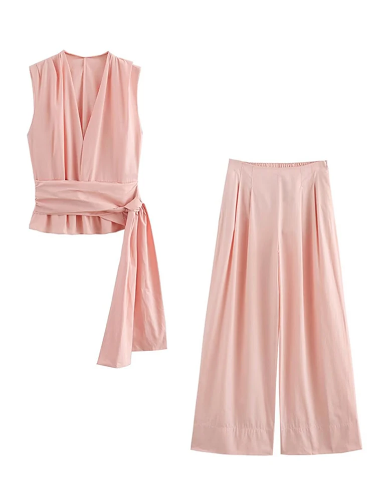 Повседневные брюки женские розовые свободные топы без рукавов на шнуровке с