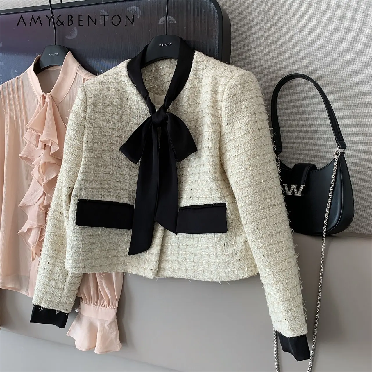 

Bow Woven Plaid Coat Winter New Contrast Color Jackets for Women Elegant Thickened Long Sleeve Suit Coats for Ladies Fashion