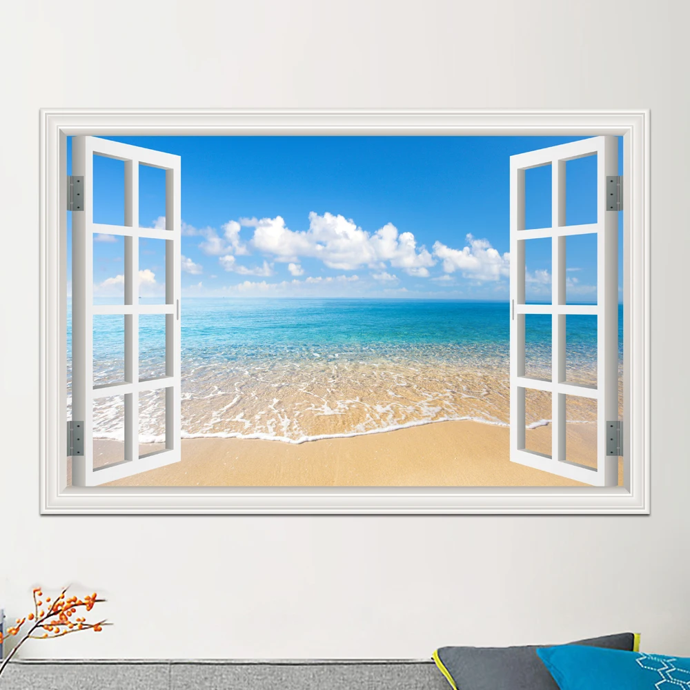 

Blue sky and white cloud Landscape Sticker Decal Vinyl PVC Wallpaper Blue Sea 3D Window View Wall Sticker home decor