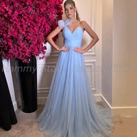 sky blue a line evening dress ruffles one shoulder sleeveless ruched pleat soft tulle night party gown formal prom dresses
