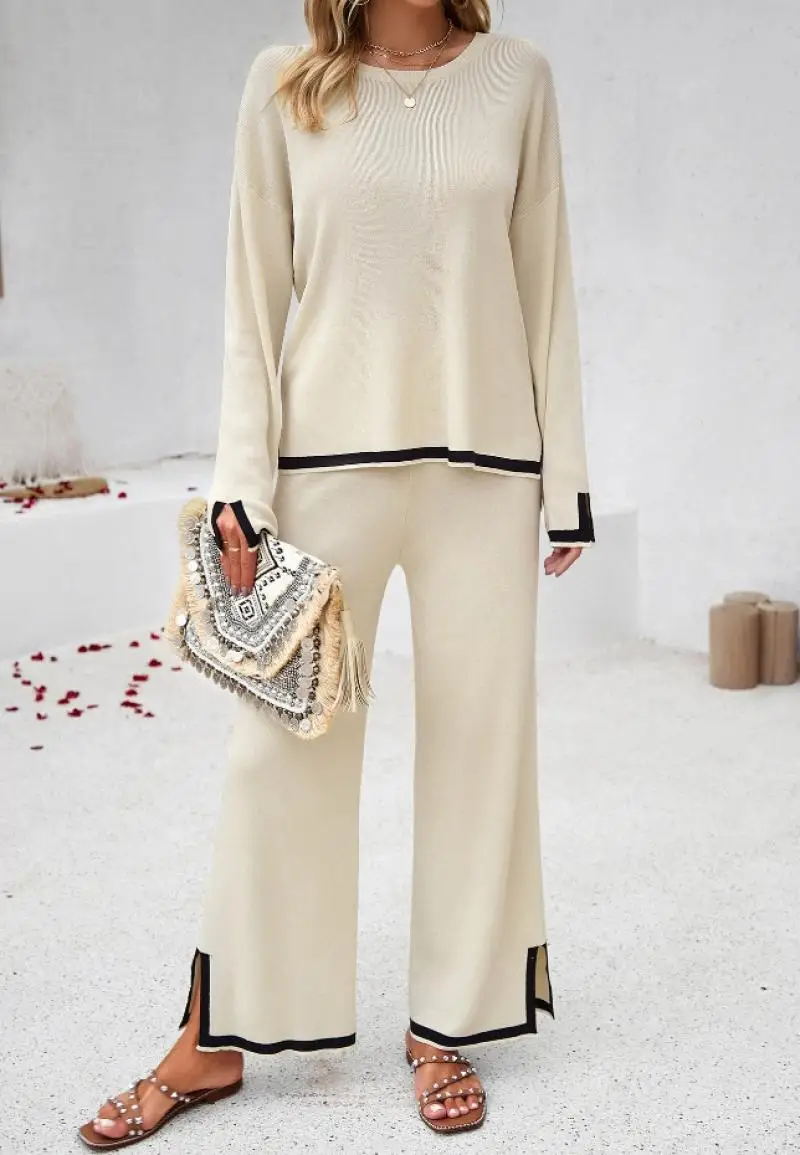 Элегантные женские комплекты повседневный однотонный контрастный вязаный