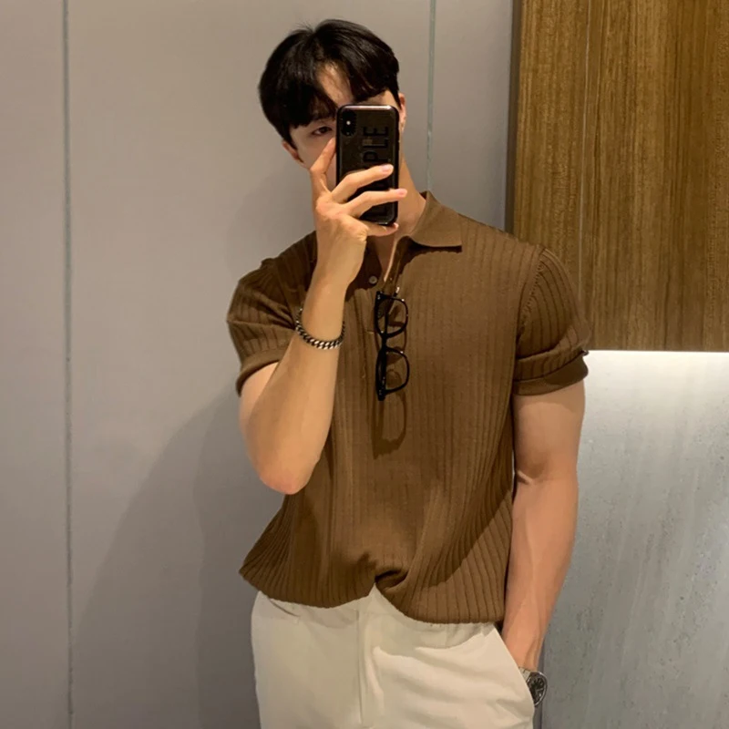 

New Fashion Ribbed Polos Men Summer Casual Short Sleeve Button Lapel Tops Mens Clothes Leisure Solid Color Polo Shirt Streetwear
