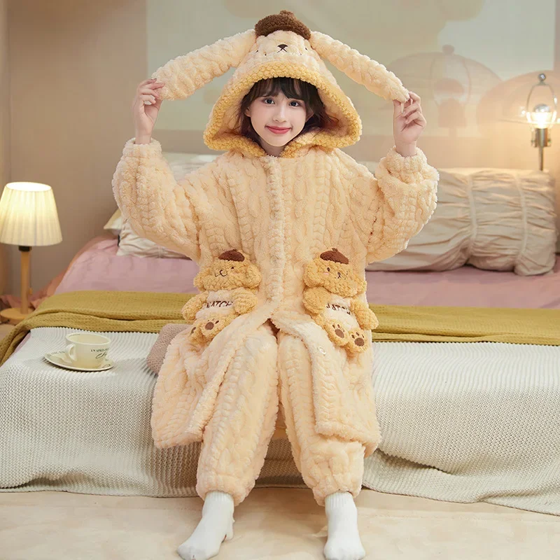 Kawaii фланелевые пижамы для мамы и детей Sanrio Melody Pochacco Cinnamoroll Kuromi теплый халат с 3d