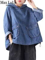 max lulu new 2022 korean fashion winter streetwear ladies loose denim shirts womens casual hooded tops vintage oversized blouses