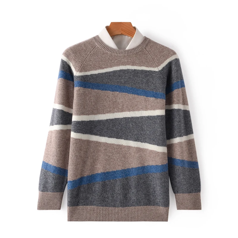 Autumn Winter New Style Men's Pure Wool Round Neck Thickened Stripe Sweater Fashionable Loose Color Matching Knitting Base Coat