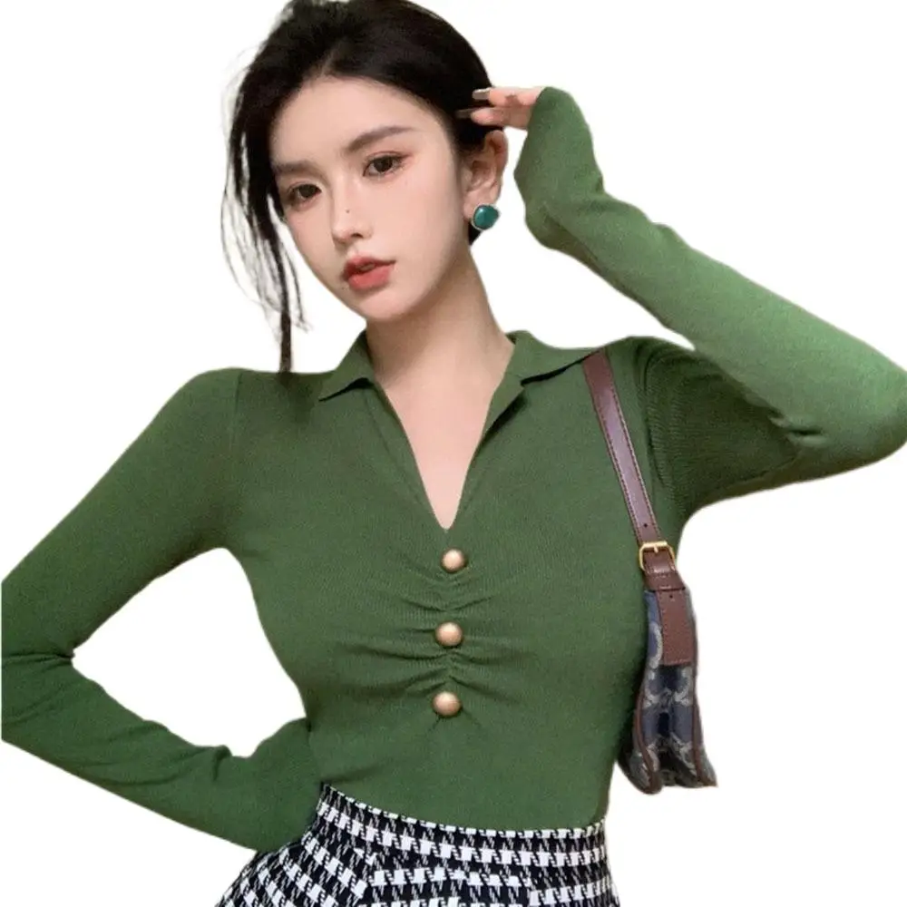 

Spring Vintage Knit Sweater Pullover V-neck Long-sleeved Slim T-shirt Women's Fall Pullover