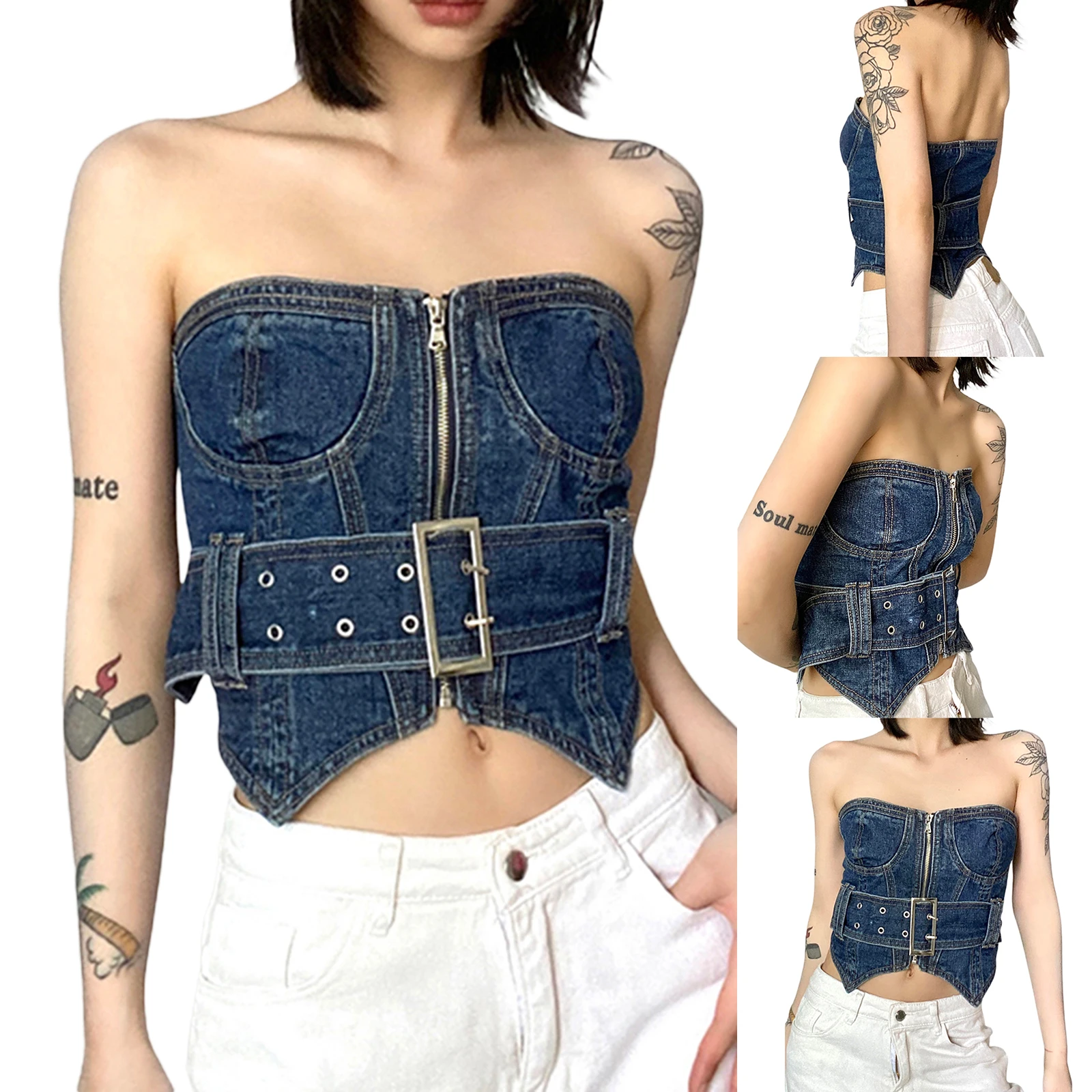 

Women's Denim Tube Tops Strapless Zip Up Slim Fit Sexy Bandeau Corset Buckle Belted Tops Club Streetwear