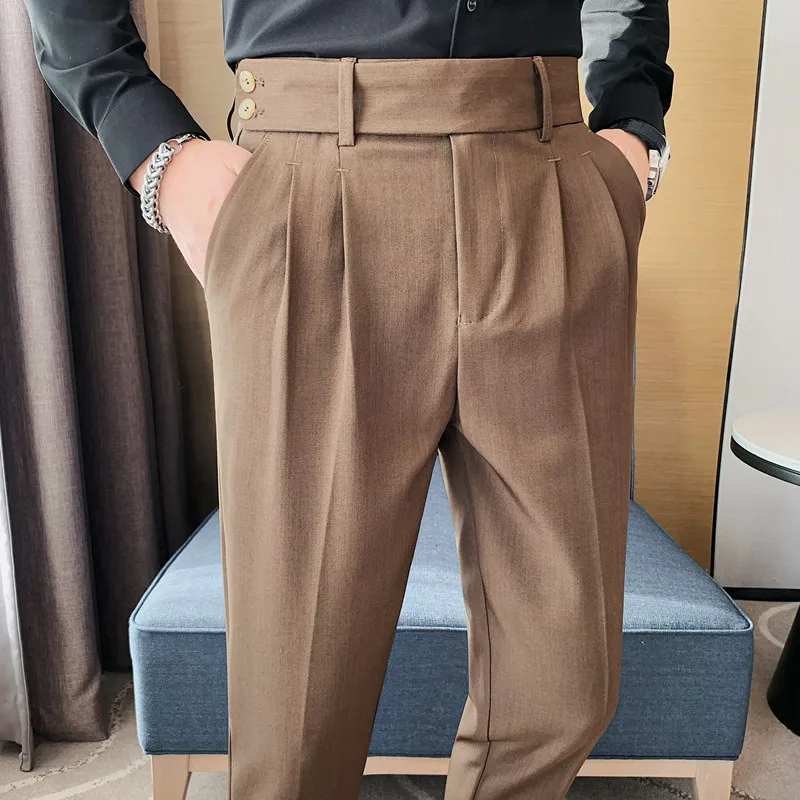 Брюки мужские с завышенной талией, приталенные Костюмные штаны в британскомстиле, деловые брюки для офиса, вечеринки, свадьбы, осень