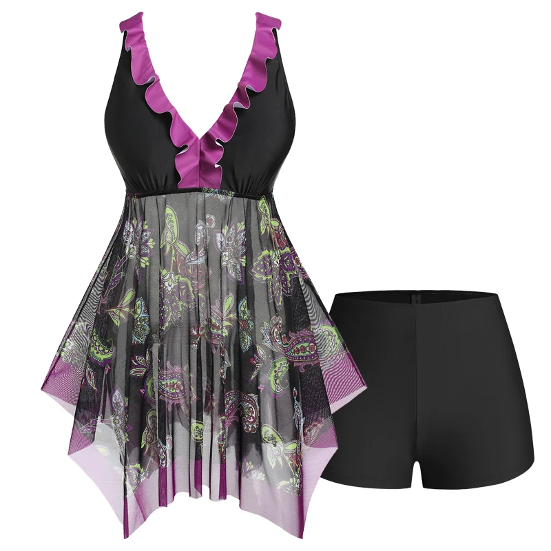 

Fashion Female Swimwears Hanky Hem Ruffle Tankini High Waist Boyshorts Set V Neck Paisley Print Sheer Mesh Panel Bathingsuit 5XL