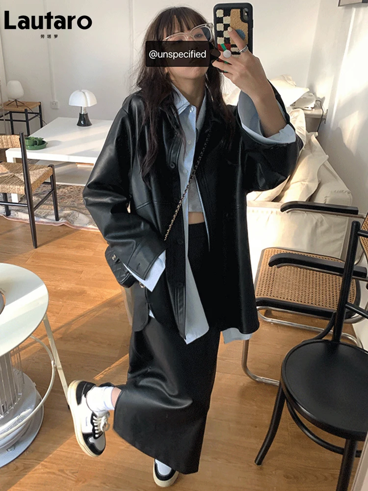 

Lautaro Весенняя повседневная крутая негабаритная черная мягкая рубашка из искусственной кожи для женщин с длинным рукавом Водонепроницаемая...