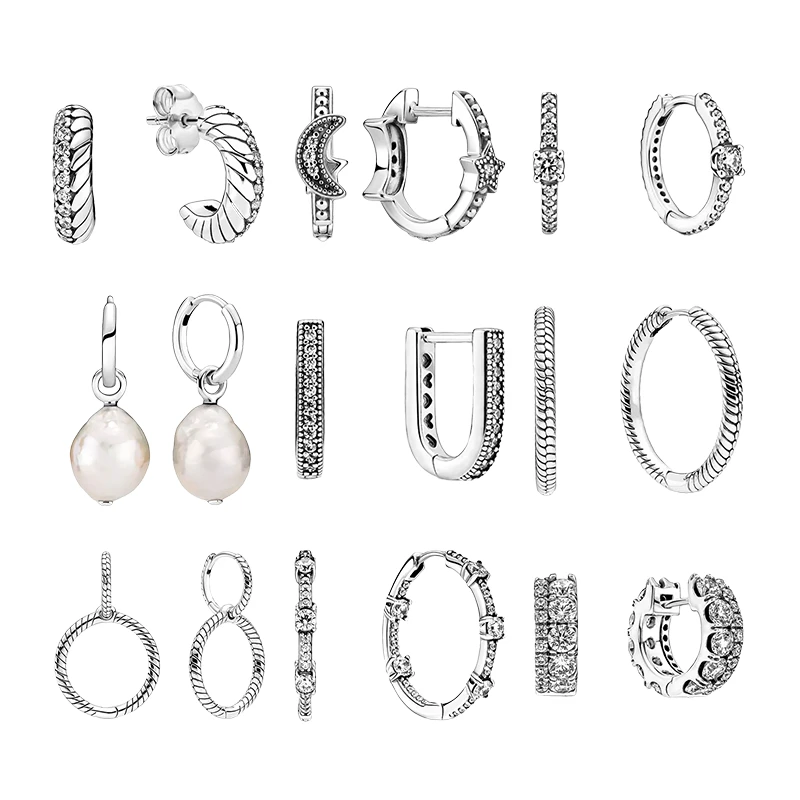 

925 Sterling Silver Hoop Earrings For Women Fine Jewelry Zircon Stones Snake Chain Pattern Moon Star Pearl Baroque U-Shaped Bars
