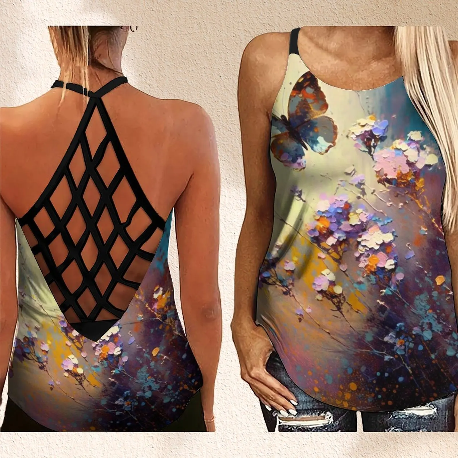 

Women's New Backless Sleeveless Hollow Out Cross Cross Tank Top Flower Butterfly Print Tank Top For Women XS-8XL