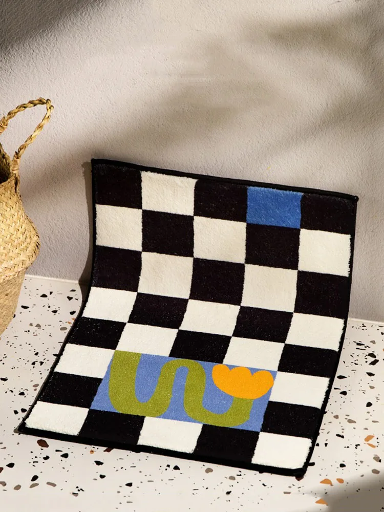 

Carpet Rug Checkerboar Non Slip Bathroom Mat Thickened Flocking Bathroom Rug Floor Anti Slip Pad Aesthetic Home Room Decoration