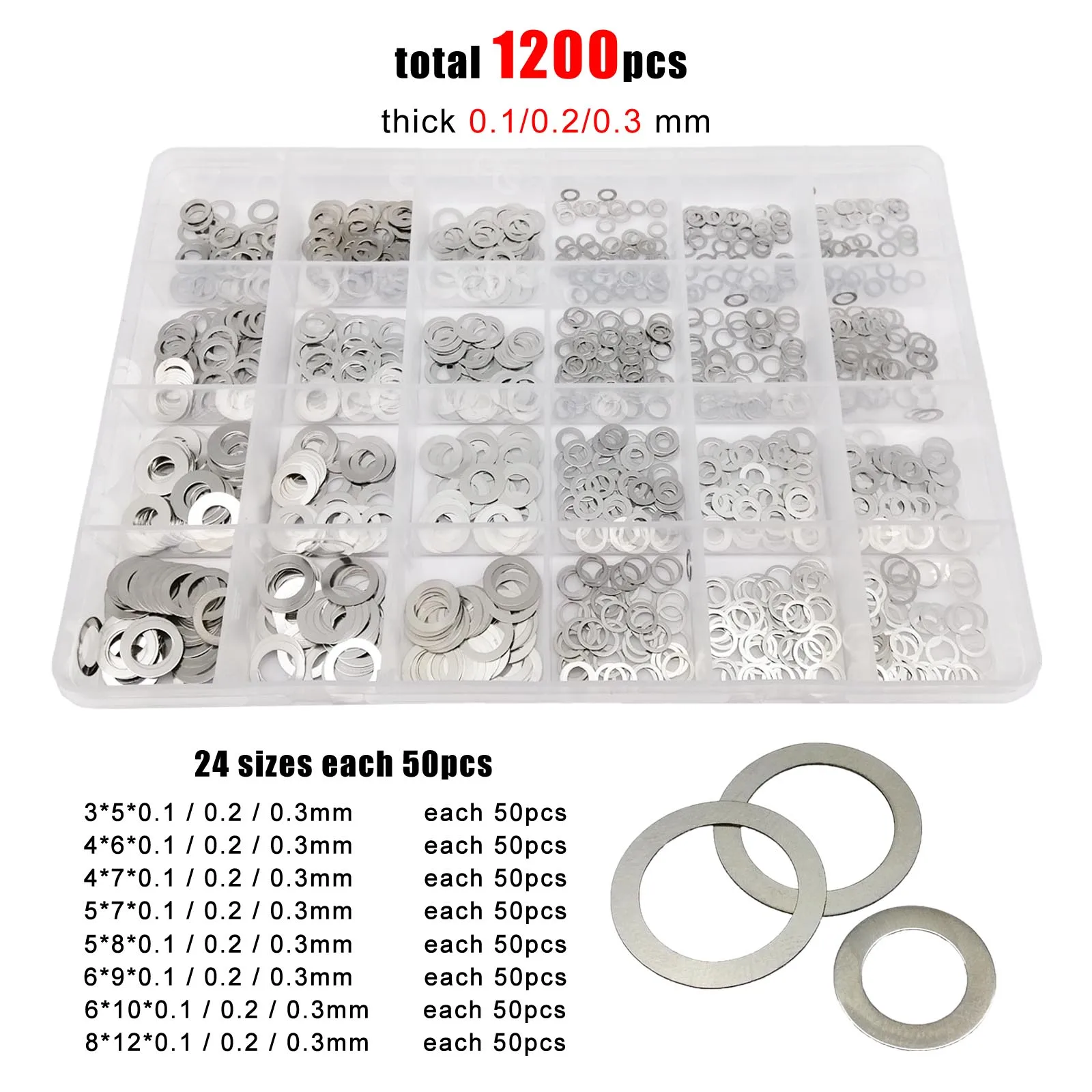 500/1200pc M3 M4 M5 M6 M8 304 A2 Stainless Steel Ultrathin Flat Washer Adjusting Ultra Thin Shim Plain Gasket Assortment Kit Set |