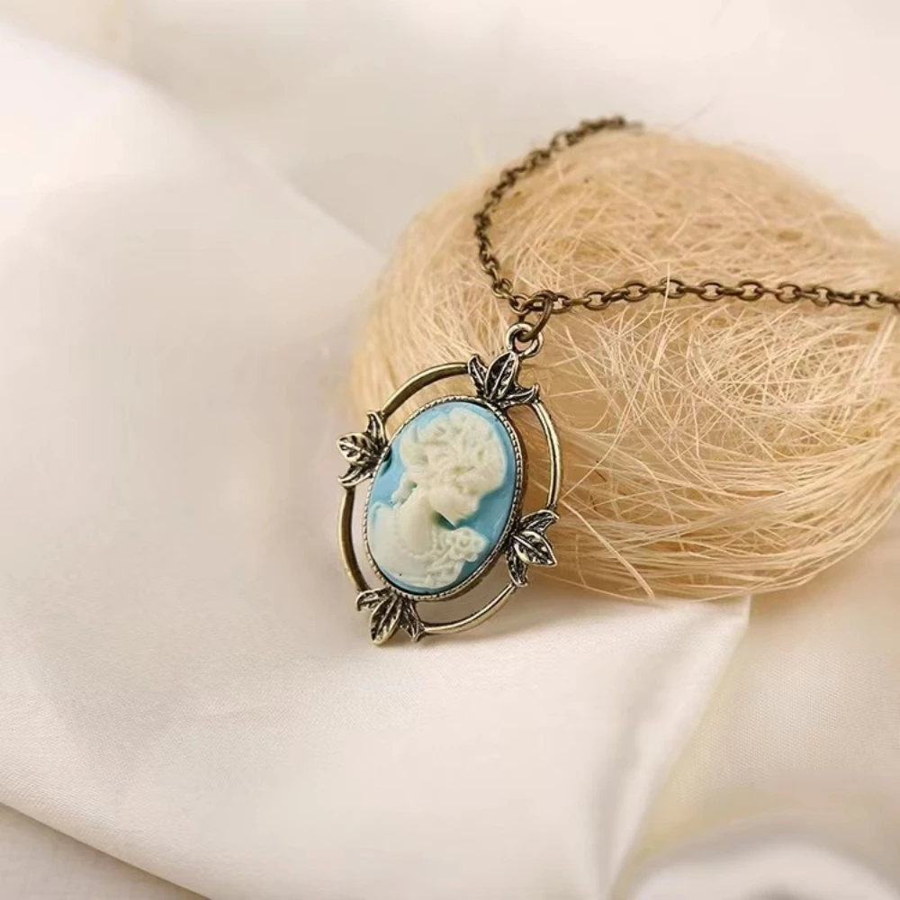 

Bronze Light Blue New Vintage Style Cameo Necklace The Vampire Diaries Katherine Beauty Head Pendant Necklace for Women
