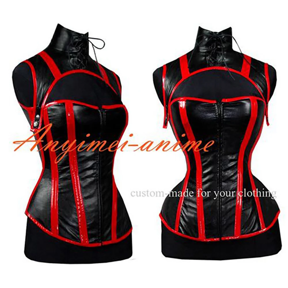 

tailor-made sexy adult dressing cross maid sissy short black faux leather bustier zip up wetlook boned corset tv/cd[g409]