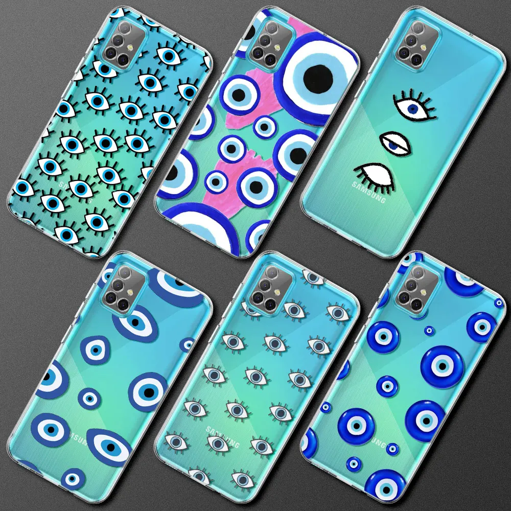 

Phone Soft Case for Samsung Galaxy A52 A12 A51 A71 A53 A32 Clear ShockProof Funda A73 A21s A50 A41 A72 Cover Blue Evil Eye
