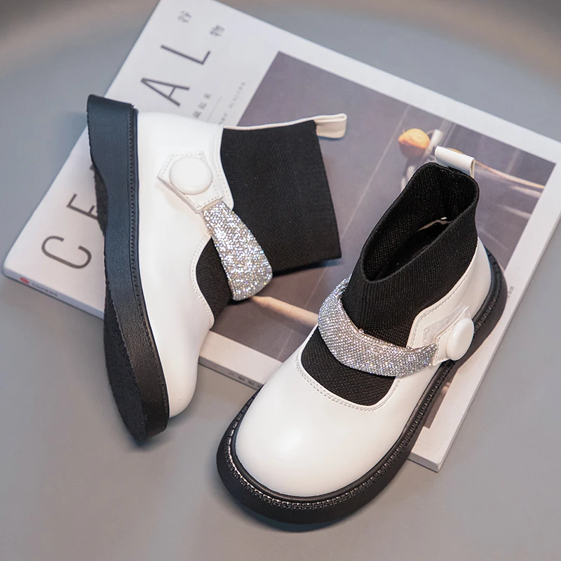 

Girls Sock Shoes Versatile Rhinestone Solid Color Korean Style 2022 School Ankle Boots Spring New Breathable Child Fashion Shine