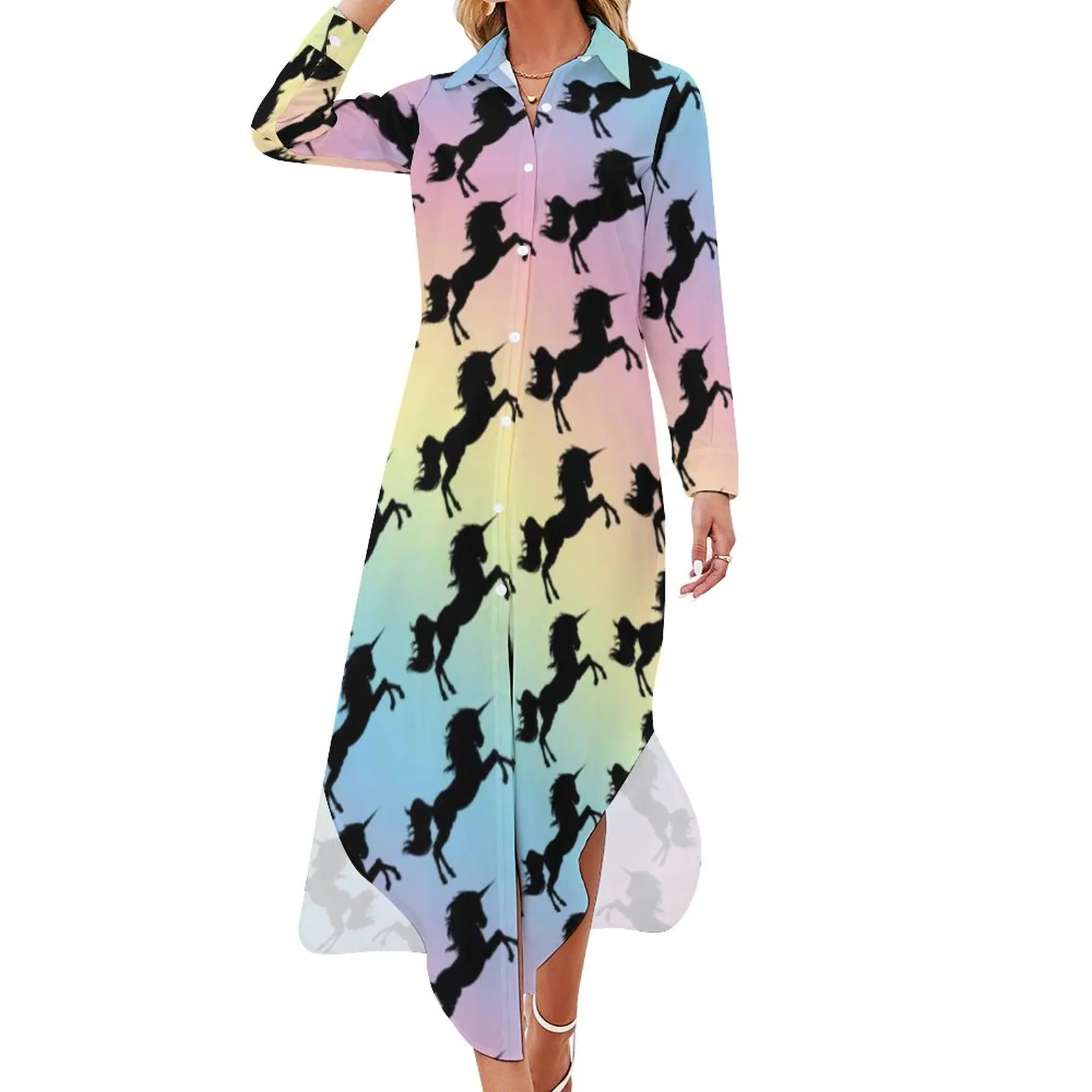 

Black Unicorn Silhouette Casual Dress Pastel Rainbow Print Aesthetic Dresses Kawaii Female V Neck Graphic Big Size Chiffon Dress