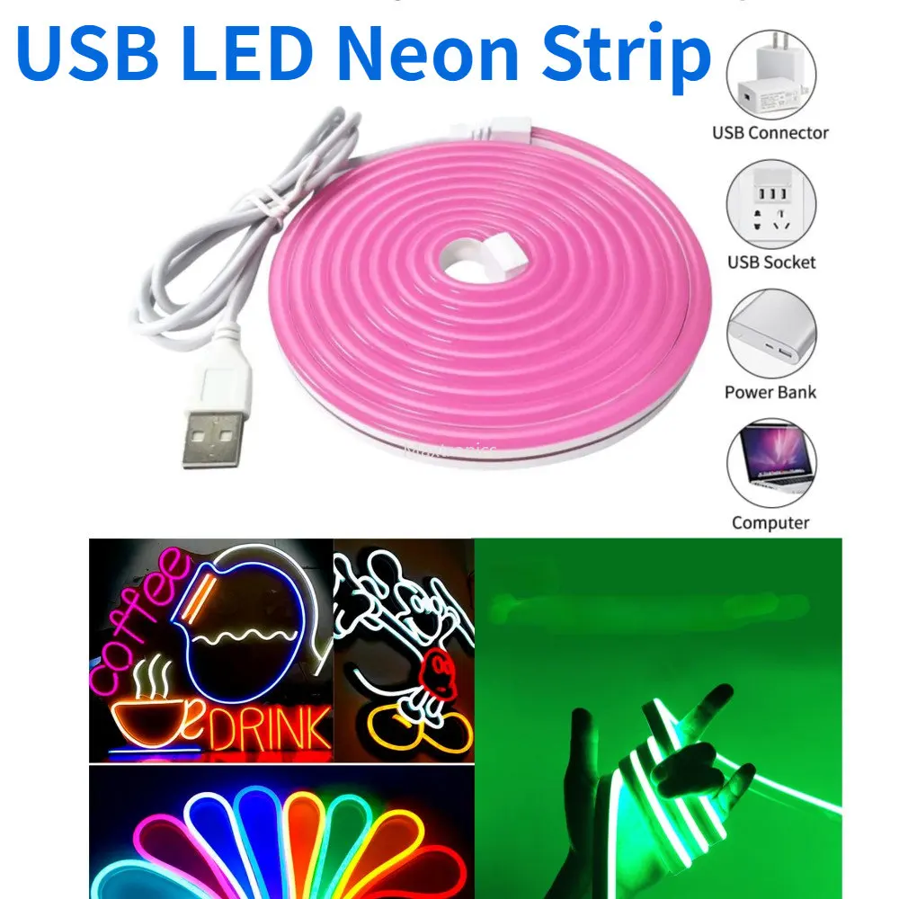 

5V USB LED Neon Strip Flexible Neon Sign Tape 2835 120LED/M IP65 Waterproof White Warm White Blue Green Pink 2M DIY Decortion
