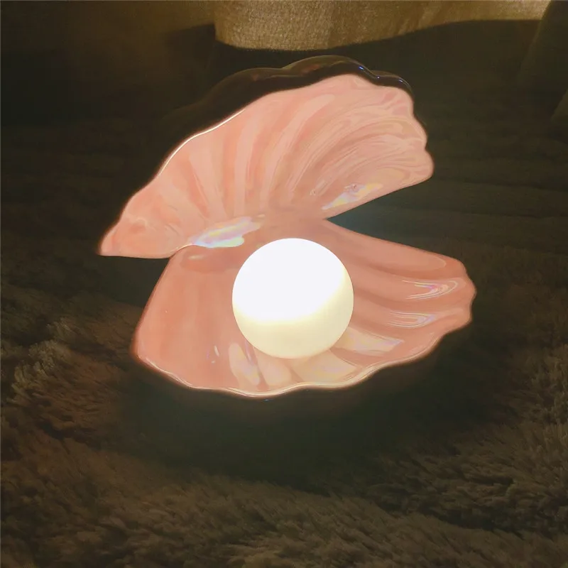 

Ins Japanese Style Ceramic Shell Pearl Night Light Streamer Mermaid Fairy Shell Night Lamp for Bedside Home Decoration Xmas Gift
