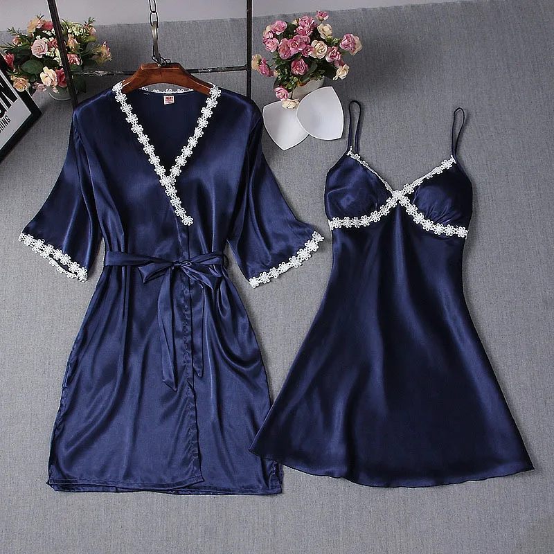 Women's Sleepwear 2 Pcs Sets Satin Silk Sleep Dress Sling Mini Dress and Cami Robe Pajamas Set