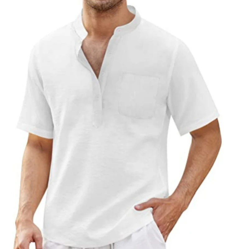 

Men White T Shirt New Summer Casual Tops Solid Short Sleeve Pocket Shirts Cotton Linen Shirt Male Blouses Shirts Streetwear 2022