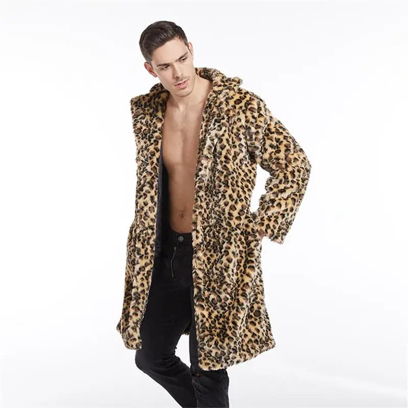 Men's autumn and winter new hot selling street personality leopard print imitation fur cardigan long coat coat foreign trade now