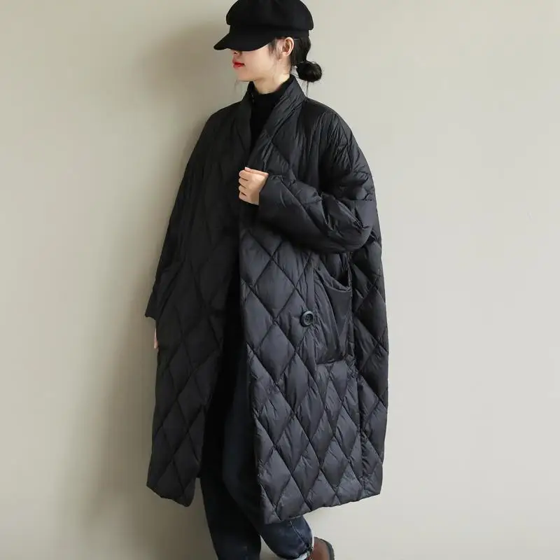 2022 Winter V-neck Medium Long Coat Women's Fashionable Warm and Thin Loose Down Jacket