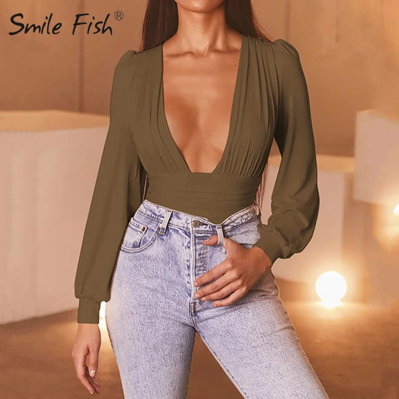 

Соблазнительное соблазнительное однотонное боди с глубоким V-образным вырезом и длинным рукавом, Женский Топ, модные Клубные Комбинезоны д...