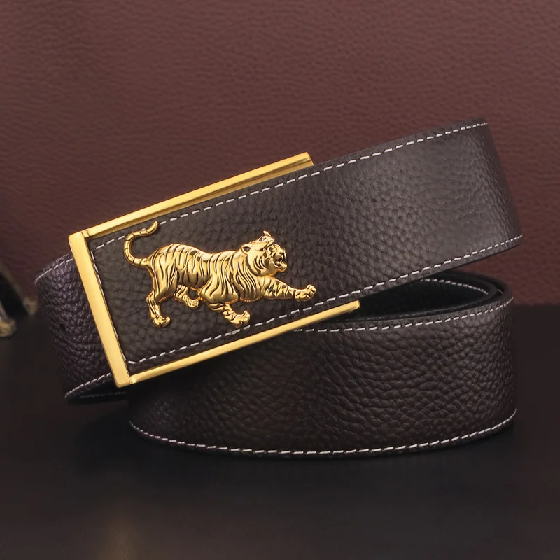 

3.8cm Wide Gold Belt Fashion Sliding Buckle Tiger Male Top Cow Leather Cintos Masculinos Black Cowskin Casual