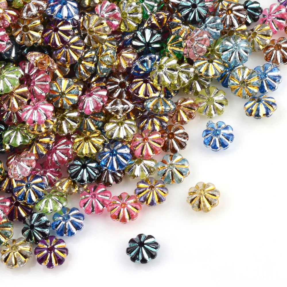 

200pc Plating Transparent Acrylic Beads Metal Enlaced Flower Mixed Color 6.5x6.5x3.5mm Hole: 1mm