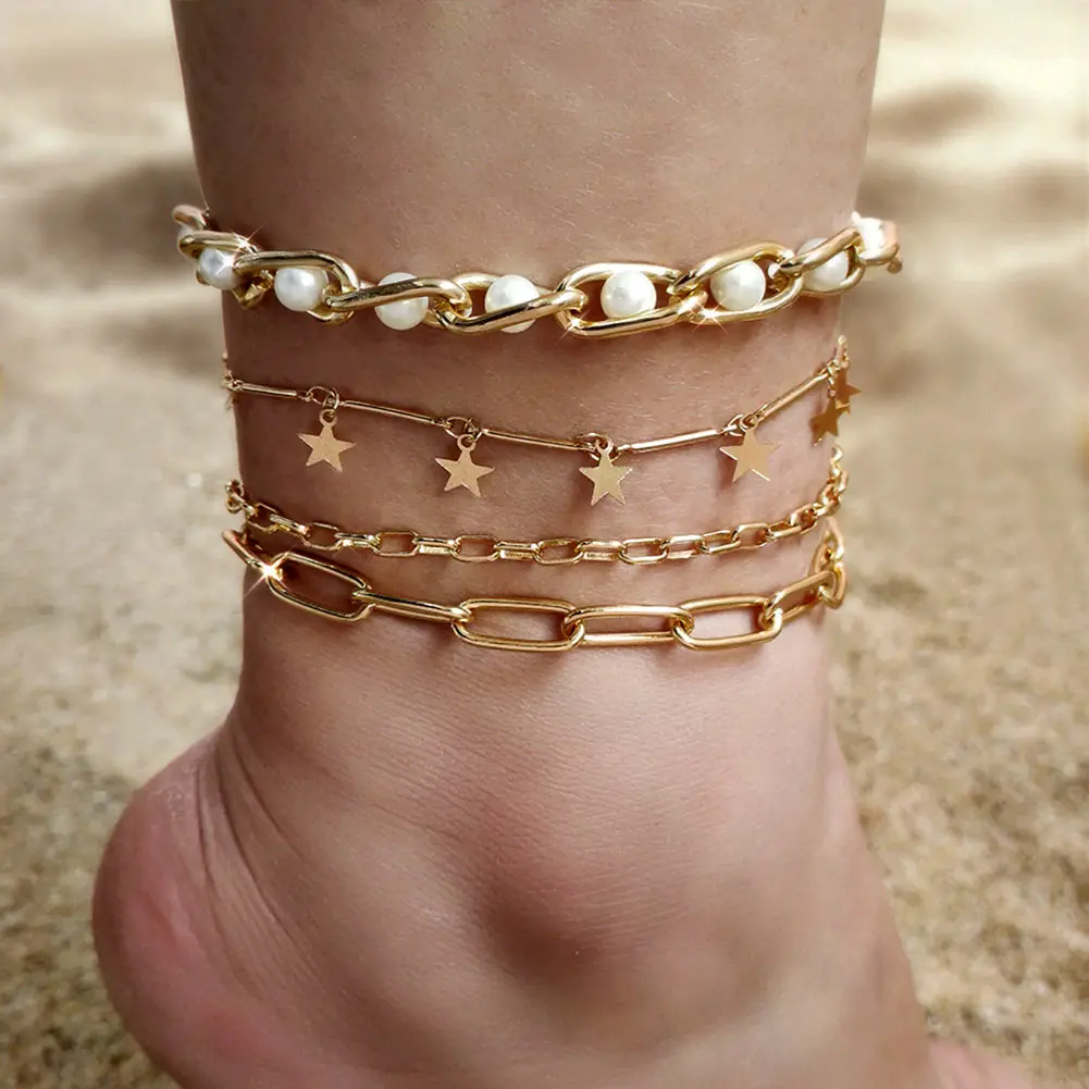 

Flatfoosie 4Pcs Boho Golden Star Metal Anklets Bracelet for Women Imitation Pearls Chain Anklet Summer Beach Barefoot Jewelry