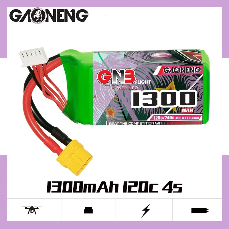 

GAONENG GNB 4S1P 1300mAh 14.8V 120C/240C LCO Lipo Battery With XT60 Plug For FPV Racing Drone RC Quadcopter Helicopter Parts