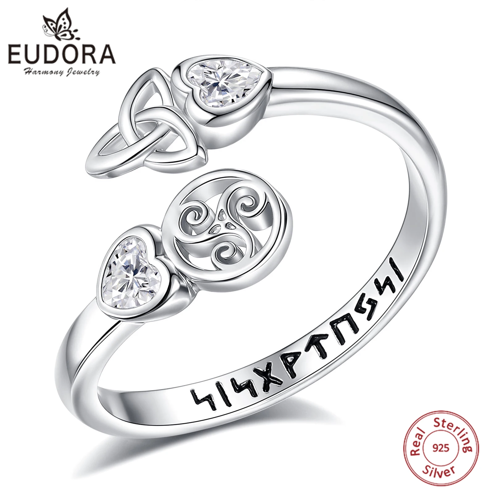 Фото Eudora, стерлинговое серебро 925, кельтский узел, трискелион, регулируемое кольцо, открытое кольцо с рунами викингов, Wicca, языческие ювелирные изделия, подарок для женщин и мужчин №1