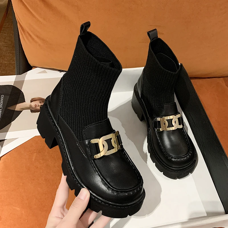 

Зимние ботинки челси с цепочкой, высокий каблук, новинка 2022, вязаные Роскошные туфли-лодочки, сапоги из стрейчевой ткани, сексуальная женска...