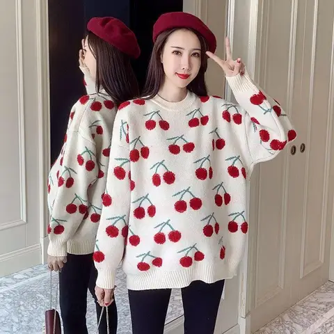 Красный свитер в стиле Харадзюку с вишневым принтом, женская осенне-зимняя одежда, повседневная уличная одежда в иностранном стиле, пуловер, топ