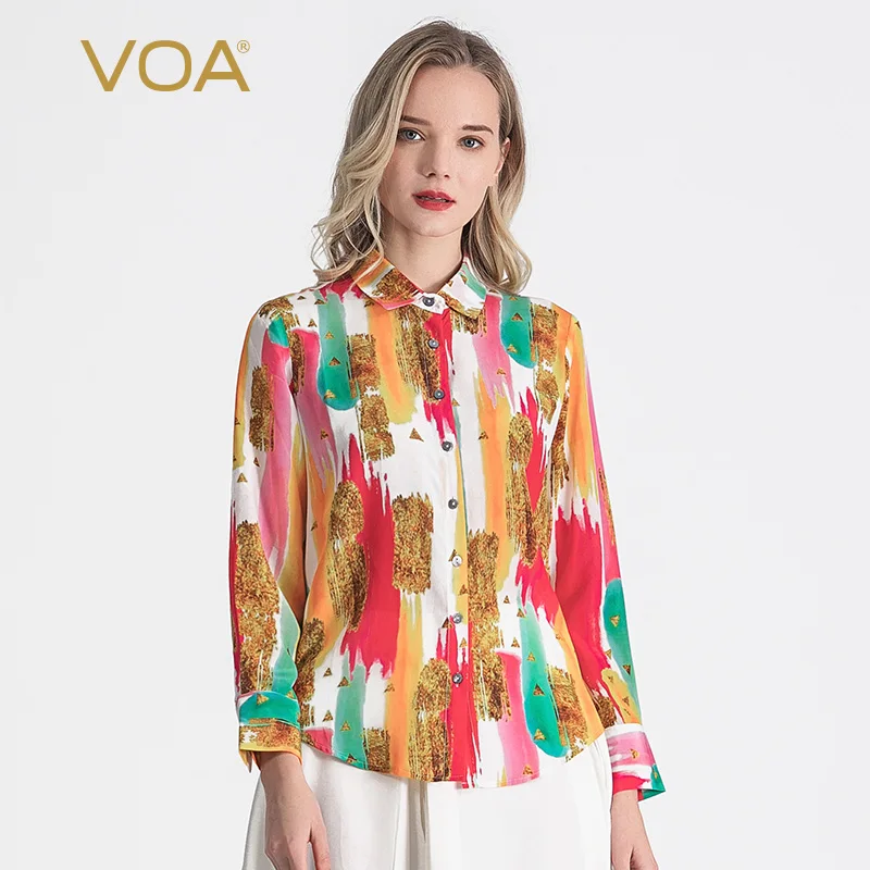 

VOA 100% Silk High-end Color Matching Gilt Watercolor Red Print Loose Straight Niche Unique Design Long-sleeved Shirt BG19