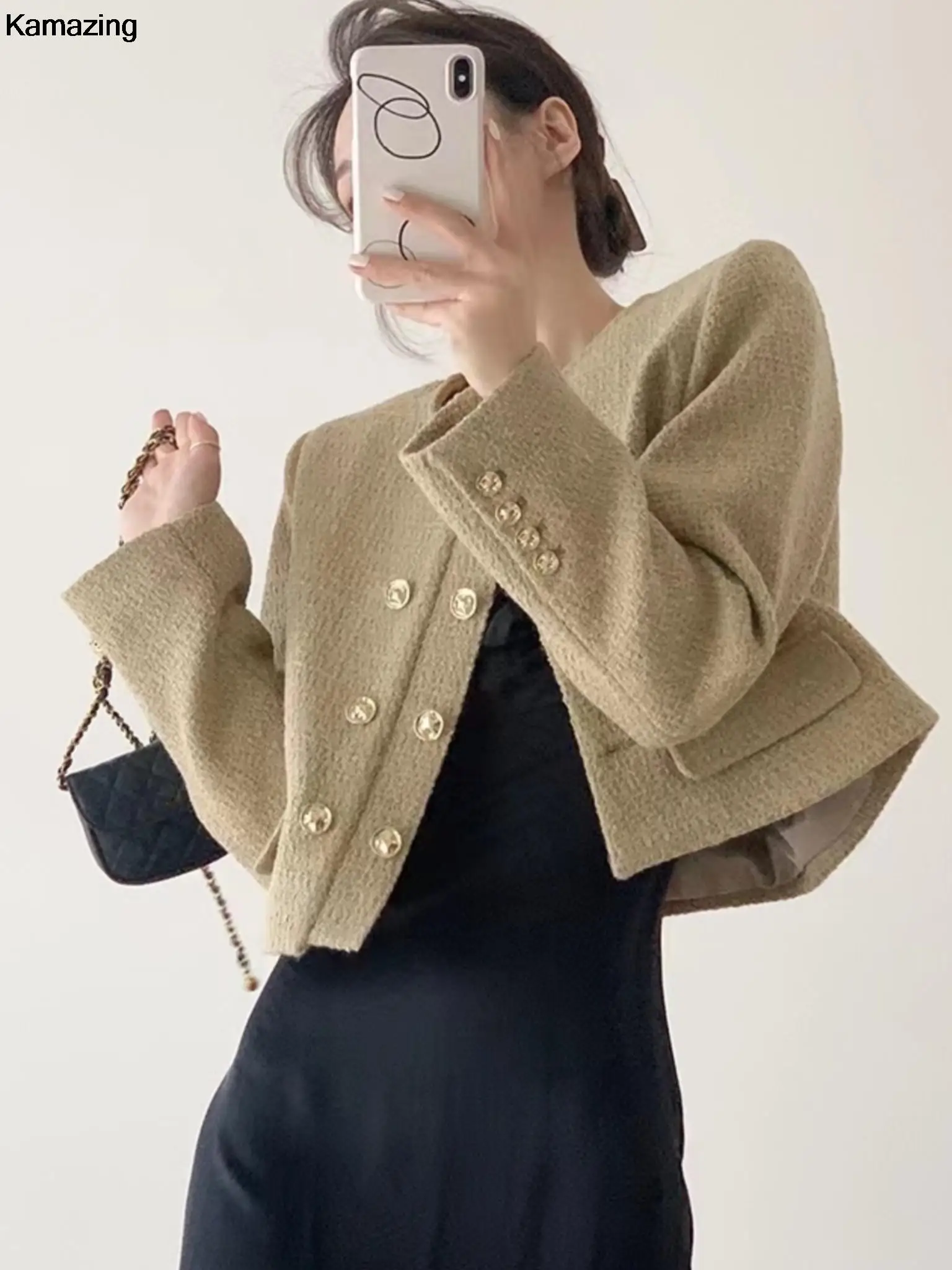 

Women Vintage Double Breasted Tweed Short Jacket Spring Autumn Office Lady Trend Long Sleeve Solid Blazer Female Outerwear