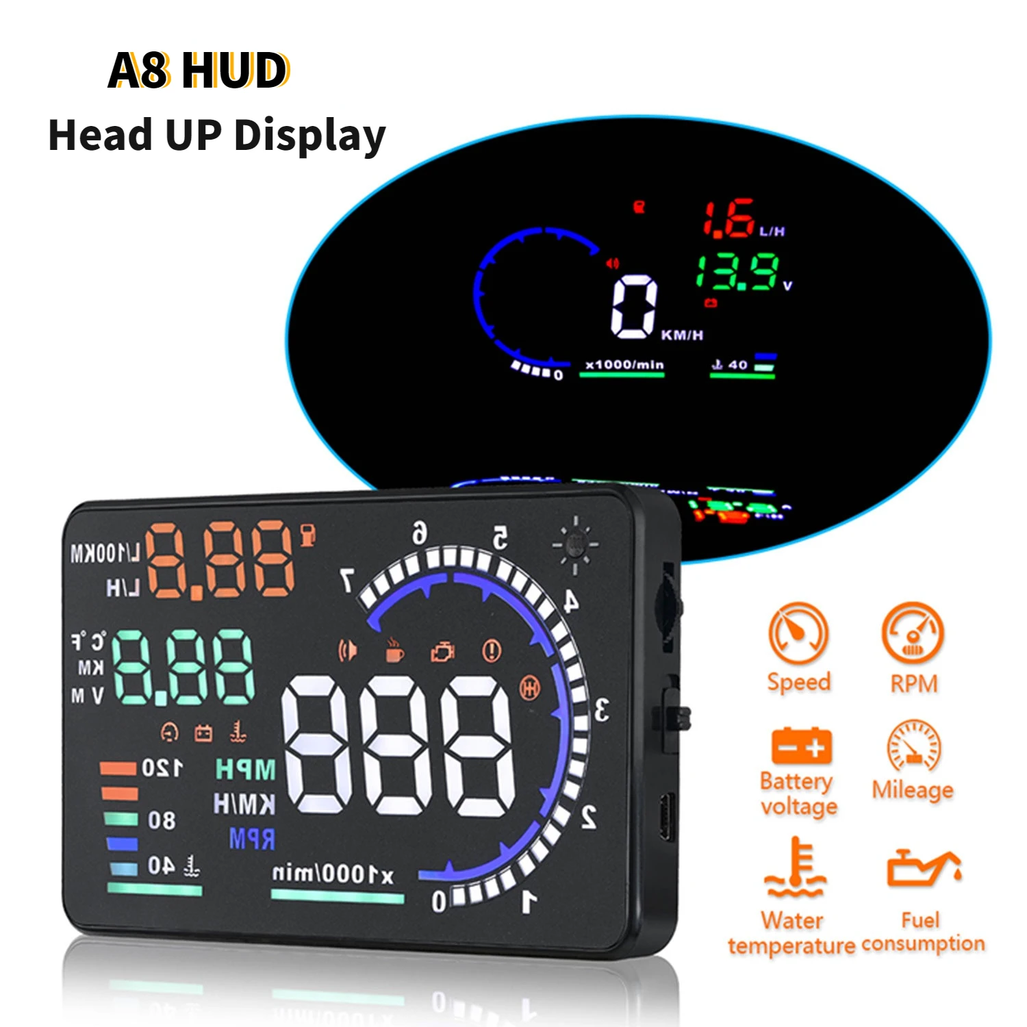 

A8 5.5 inch HUD OBD2 Head-Up Display For Car Digital Speedometer Windshield Projector Overspeed Alarm OBD II EUOBD LED