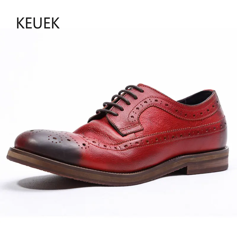 

New Design Genuine Leather Business Casual Dress Wedding Shoes Men Vintage Brogue Work Moccasins Male Derby Oxfords Flats 5A