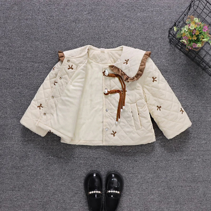 Милое Хлопковое Зимнее Пальто Для Девочек С Большим Воротником Кружевным Бантом