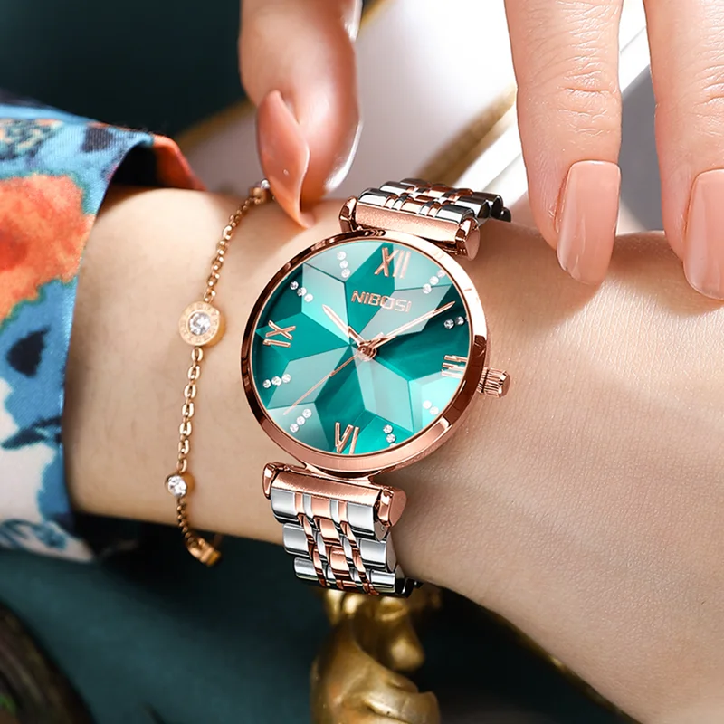 

NIBOSI Watch for Women Top Brand Luxury Fashion Quartz Ladies Watch Rhombus Glass Green Clock Female Wristwatch Relogio Feminino