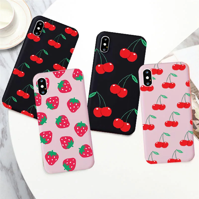 Soft TPU Silicone Phone Case for IPhone 11 12 13 Pro Max 7 8 Plus X Xs 12 11Pro Max XR SE2 Fruit Cherry Fundas Pink Black Cover